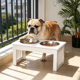 Small Puppy Dog Feeding Station 6" Height Stainless Steel Elevated Bowls with Modern Wooden Frame Pet Food Stand White